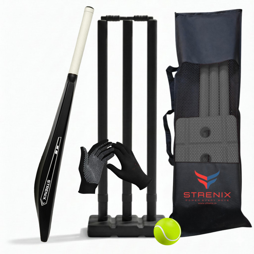 STRENIX 8 No Black Bat & Full Size Stumps Kit with Ball, Gloves & Carry Bag Cricket Kit