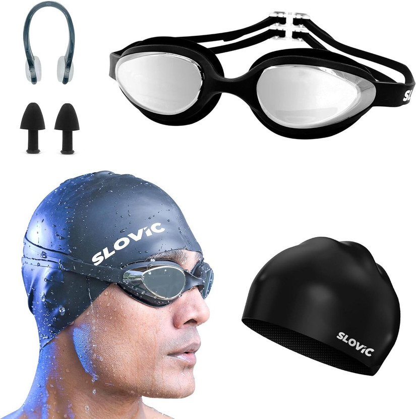 SLOVIC Premium Quality Goggles & Cap | UV Protection | Anti-Fog | Premium Quality | Swimming Kit