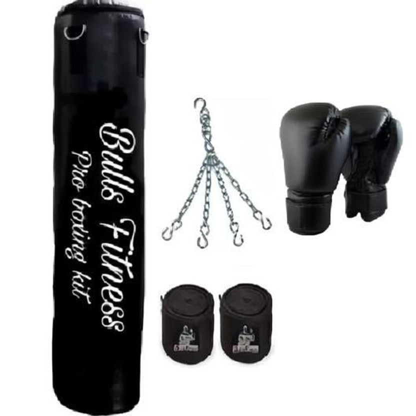 bulls fitness Black 4 Feet Unfilled Punching Bag + Hanging Chain + Boxing Gloves +Handwrap Boxing Kit