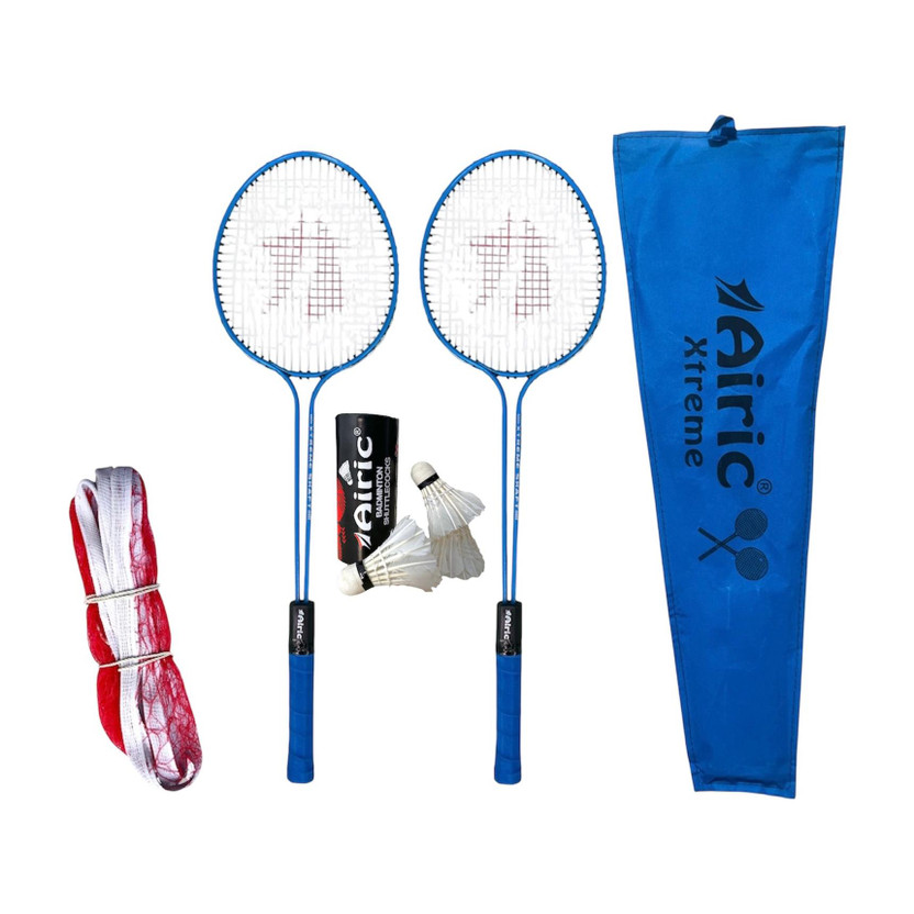 Airic Xtreme Double Shaft Raquets with Feather Shuttles and 3 side tape Net Badminton Kit