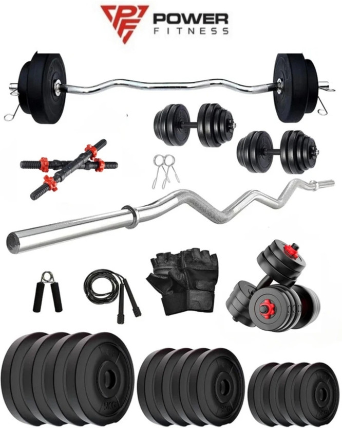 POWER FITNESS 20KG PVC Weight Set with Dumbbell Rods, 3ft curl Rod & Acc Gym Fitness Adjustable Dumbbell(20 kg)