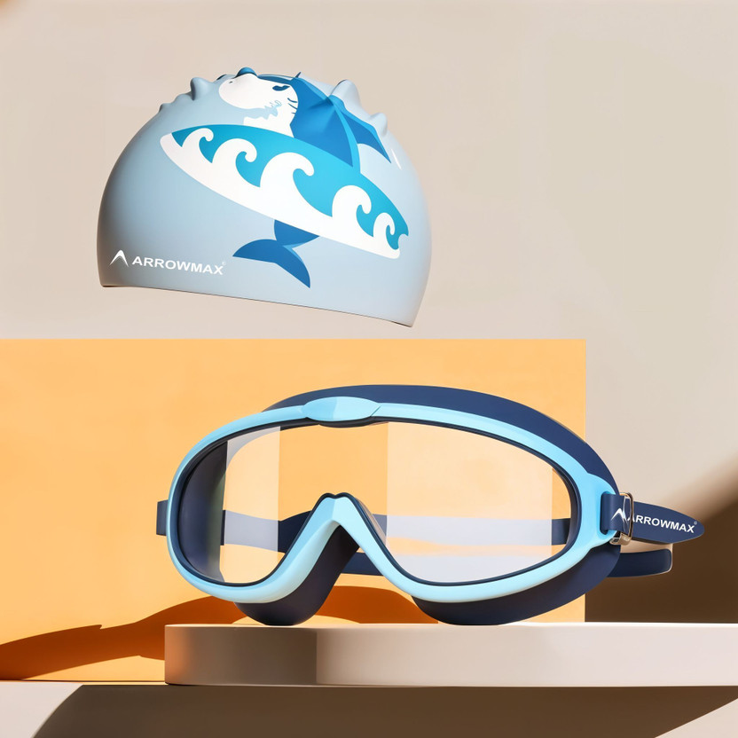 ArrowMax Swimming Goggle Cap Set For Kids Swim Wide Lense Printed Swimming Kit