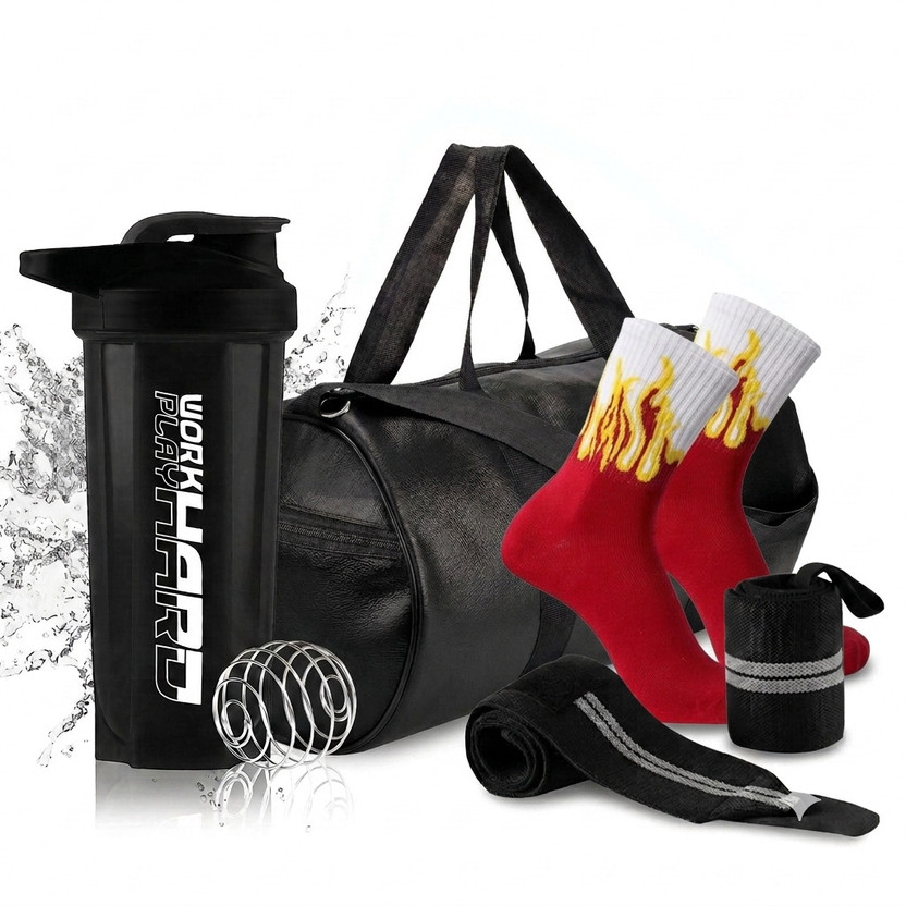 Maddy bag house 700ml Gym Shaker Bottle Combo with Athlete Fire Socks,Gym Duffle Bag & WristBand Fitness Accessory Kit Kit