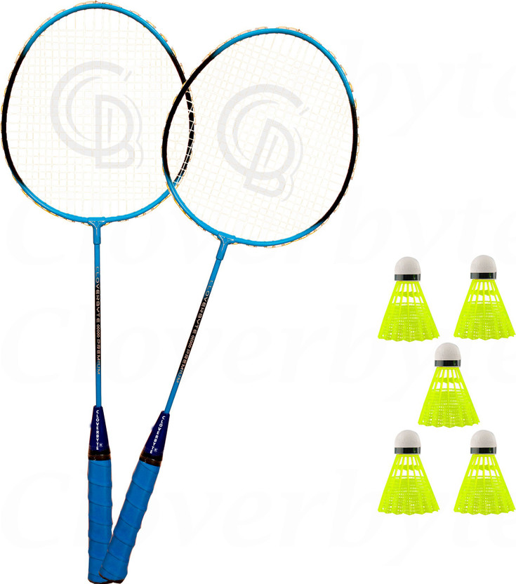 CLOVERBYTE Premium Blue Shingle Shaft 2 Badminton Rackets With 5 Nylon Shuttles Badminton Kit