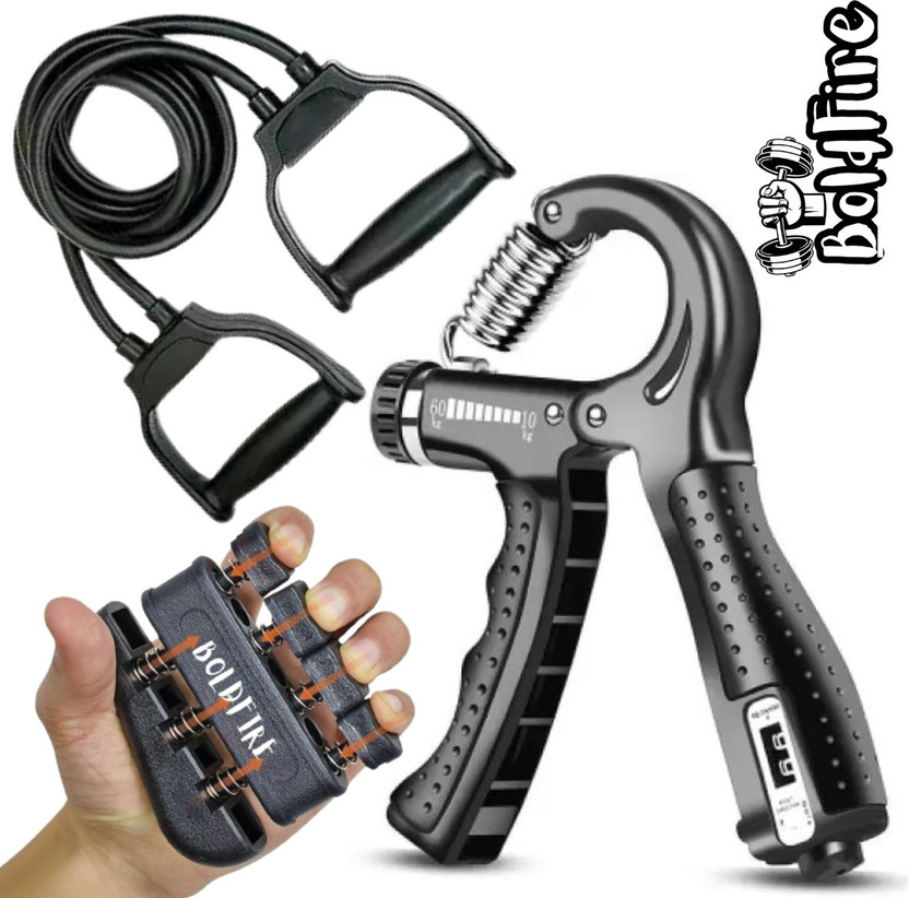 BoldFire Combo Pack of3 Resistance Tube & Digital Counter Hand Grip Strenghner (5-60Kg) Fitness Accessory Kit Kit