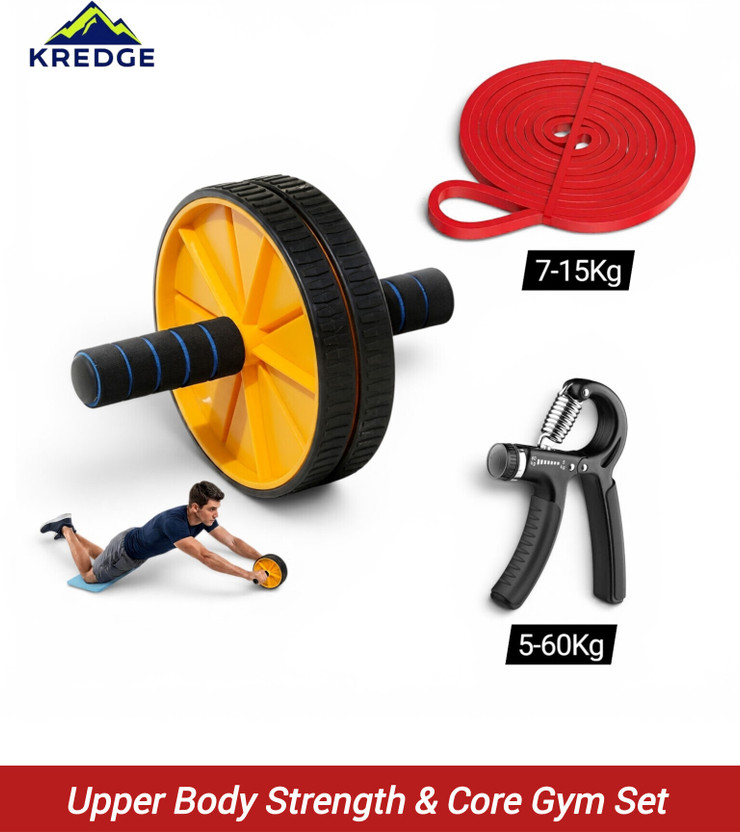 KREDGE 3-in-1 Home Gym Set | Combo of Resistance Band 7-15kg , Abs roller, Hand Gripper Fitness Accessory Kit Kit