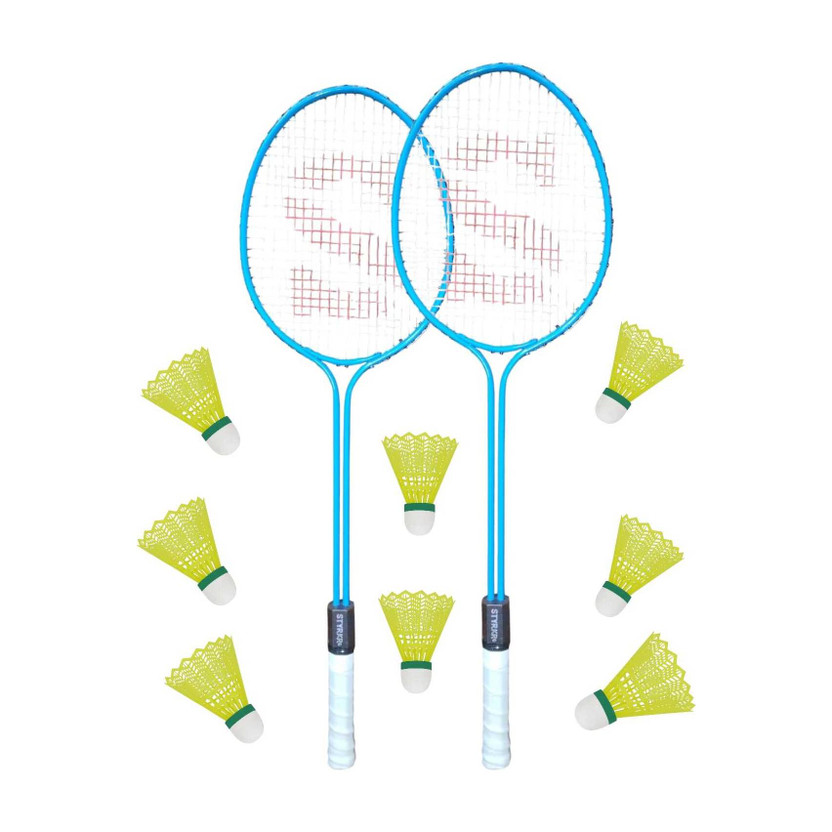 STYRKR Badminton Racquet Set of 2 Steel Frame with Shuttlecocks Pack OF 8 Combo Badminton Kit