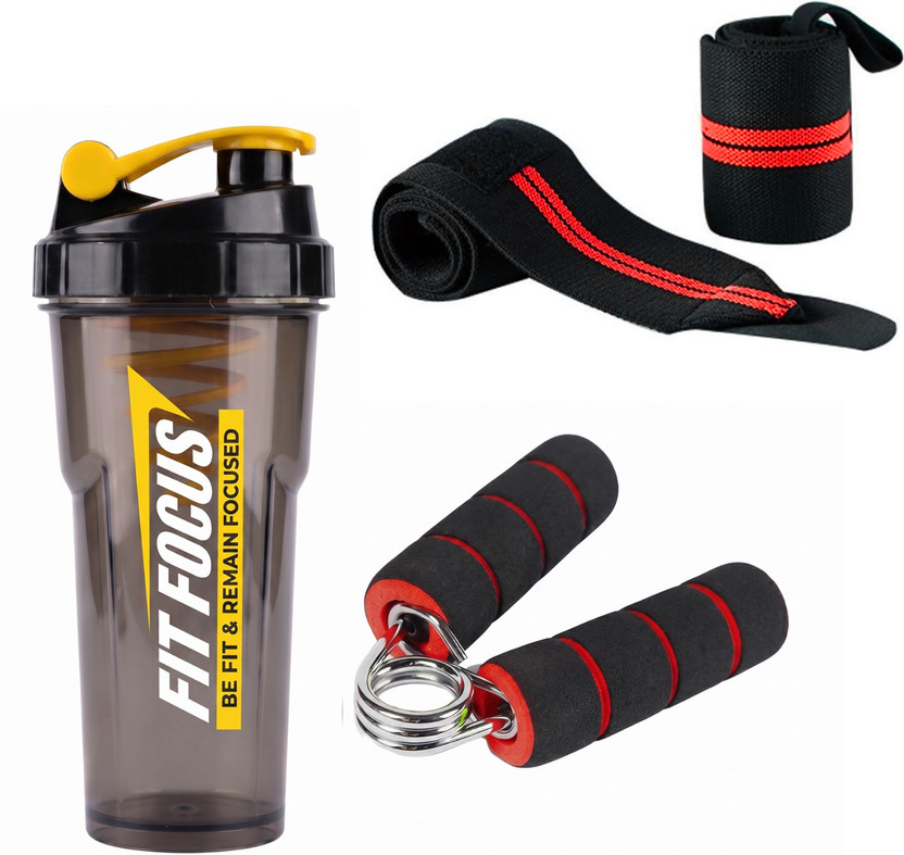 TRUE INDIAN Gym Shaker 700ml with Foam Hand Gripper & Wrist Support Band Combo Fitness Accessory Kit Kit