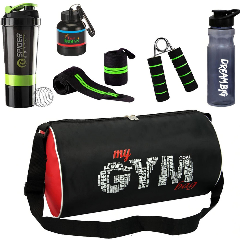 TRUE TRUE INDIAN New gym bag combo for gym bag gym shaker bottle wrist band hand gripper Fitness Accessory Kit Kit - Flipkart Deal