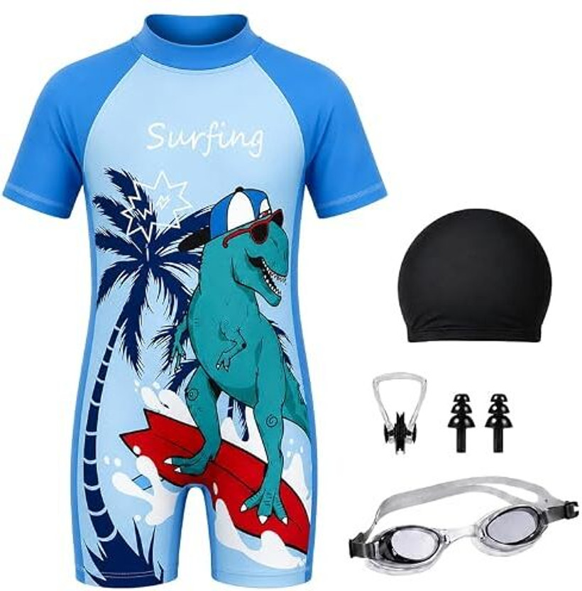 Morex Swimming Printed Costume for Kids with Swim Kit | 9-10 Yrs | Dino (Light Blue) Swimming Kit