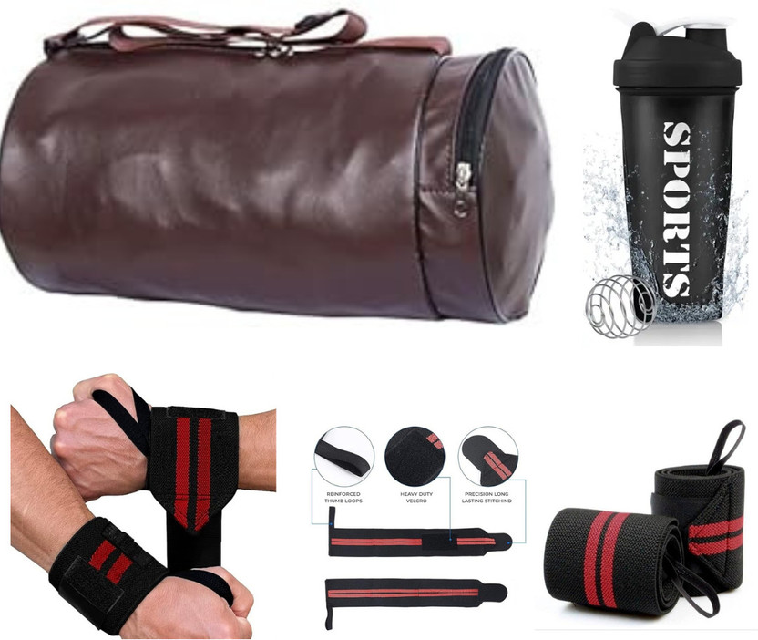 EMMKITZ brown gym bag with spider bottle with wrist support & gym gloves Home Gym Kit Fitness Accessory Kit Kit