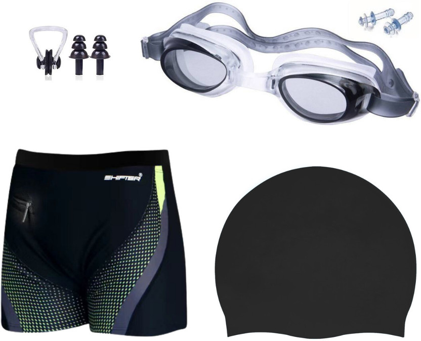 SHIFTER Swim Kit Combo Costume Shorts Men Free Size (28-32 in waist)Cap Goggle Earplug Swimming Kit