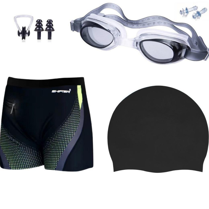 SHIFTER Swim Kit Combo Costume Shorts Men Free Size (28-32 in waist)Cap Goggle Earplug Swimming Kit