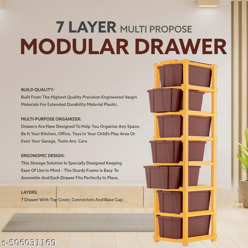 MAXTID 7 Layer Brown Foldable Cabinet Plastic Cupboard Storage Plastic Modular Drawer Plastic Kitchen Trolley(DIY(Do-It-Yourself))