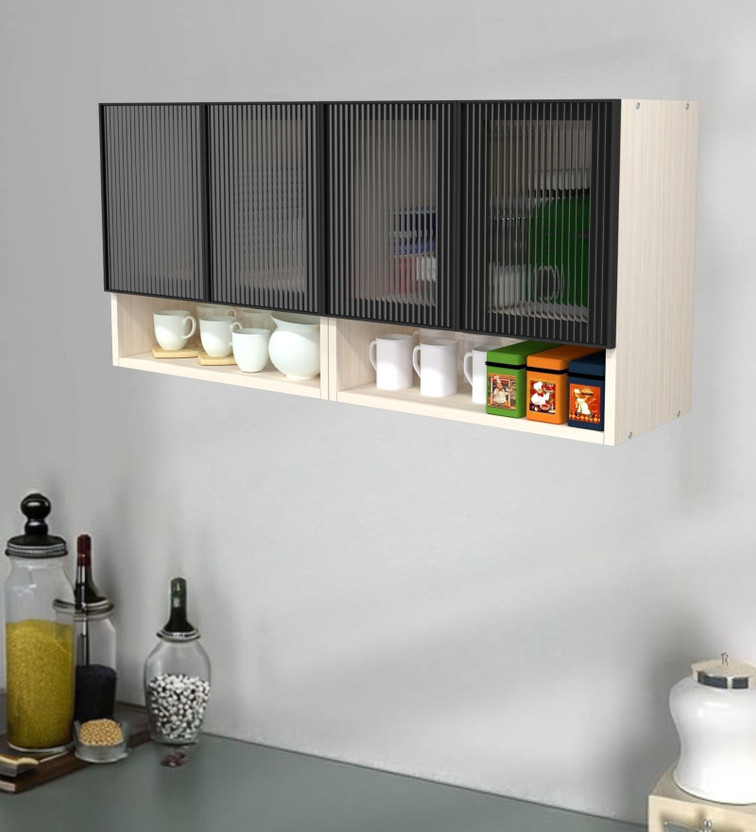 SPECIALITY PANELS Aluminium Prof 4 Fluted Plain Glass Handless, Shelf Free assembly by Brand Engineered Wood Crockery Cabinet(Finish Color - Highland Pine Fluted Natural Partial Transparent Glass, Pre-assembled)