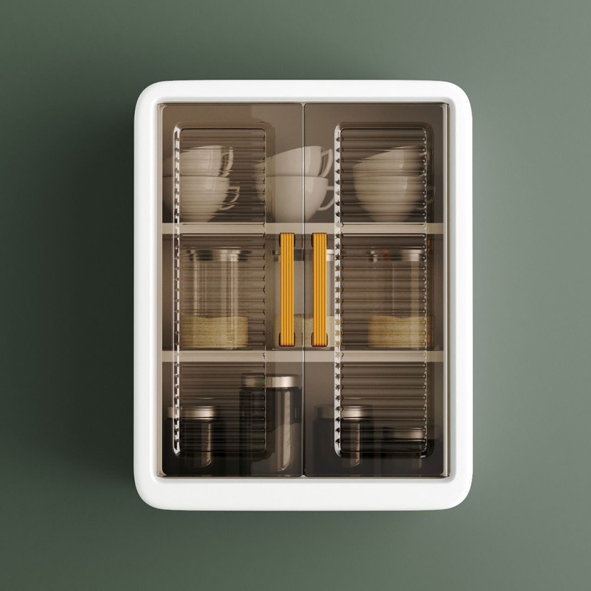 JUICIQ Premium Wall-Mounted Multi-Purpose Storage Cabinet with Transparent Doors &Hooks Plastic Kitchen Cabinet(Finish Color - White Body with Transparent Brown Doors & Yellow Handles, Pre-assembled)