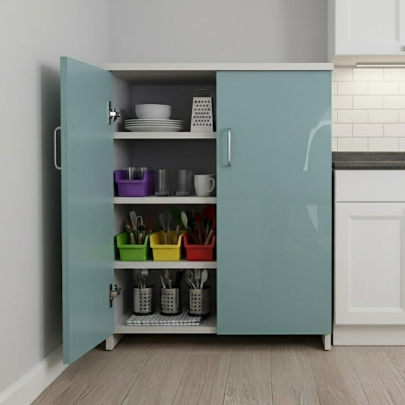 SPECIALITY PANELS 2 Door Mirror Glossy triple layered UV Resistant with 4 Shelfs Cabinet Engineered Wood Kitchen Cabinet(Finish Color - Highland Pine & Mint, DIY(Do-It-Yourself))