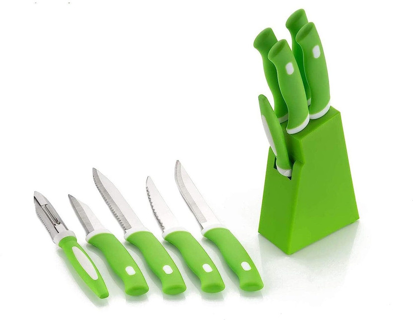 MD MD PRODUCTS 5 Pices Knife Set for Kitchen with Plastic Stand Block, NA Peeler Set(Green Pack of 5) - Flipkart Deal