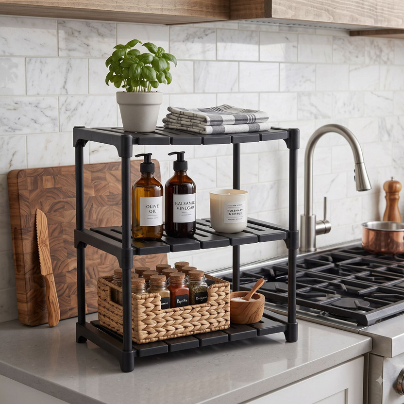 PRISHU PRISHU Utensil Kitchen Rack Plastic Premium 3Tier Black Plastic Storage Shelving Unit, Waterproof ToolFree Assembly - Flipkart Deal