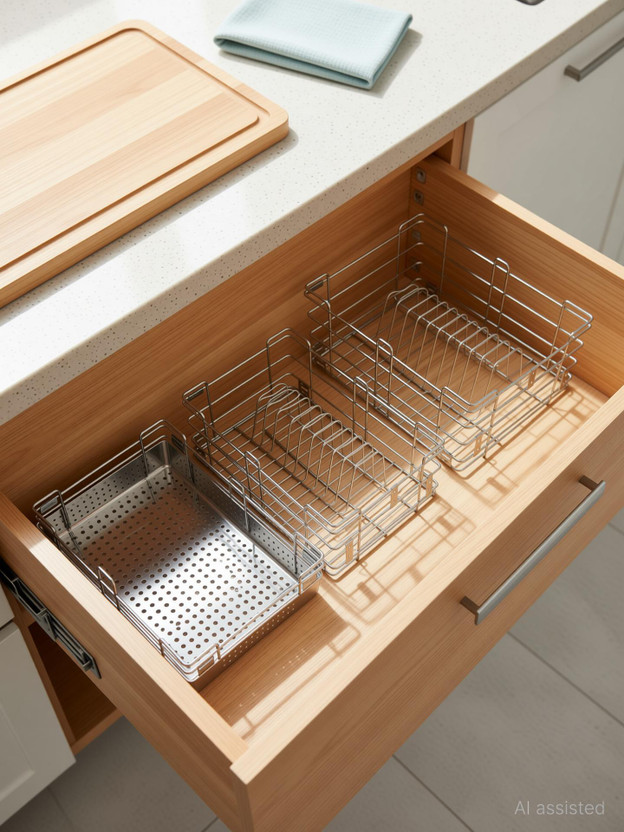 Bloo Basket Utensil Kitchen Rack Steel Stainless Steel Modular Kitchen Basket Accessories cabinets Multipurpose drawer Wired 6" Plain,4" Cutlery,8" Thali (16 Inch Width * 20 Inch Depth) set of 3