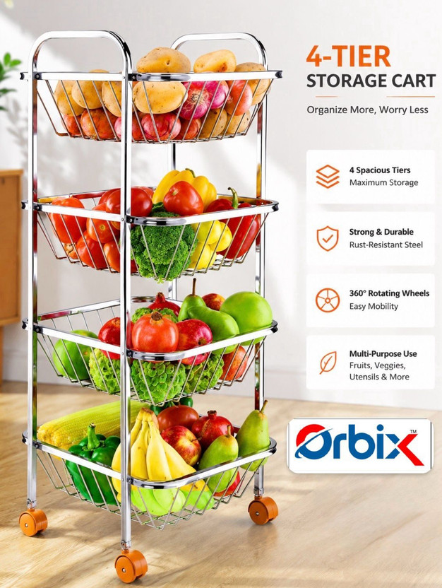 Orbix Utensil Kitchen Rack Steel Tier-4 Premium Heavy-Duty Multipurpose Kitchen Trolley