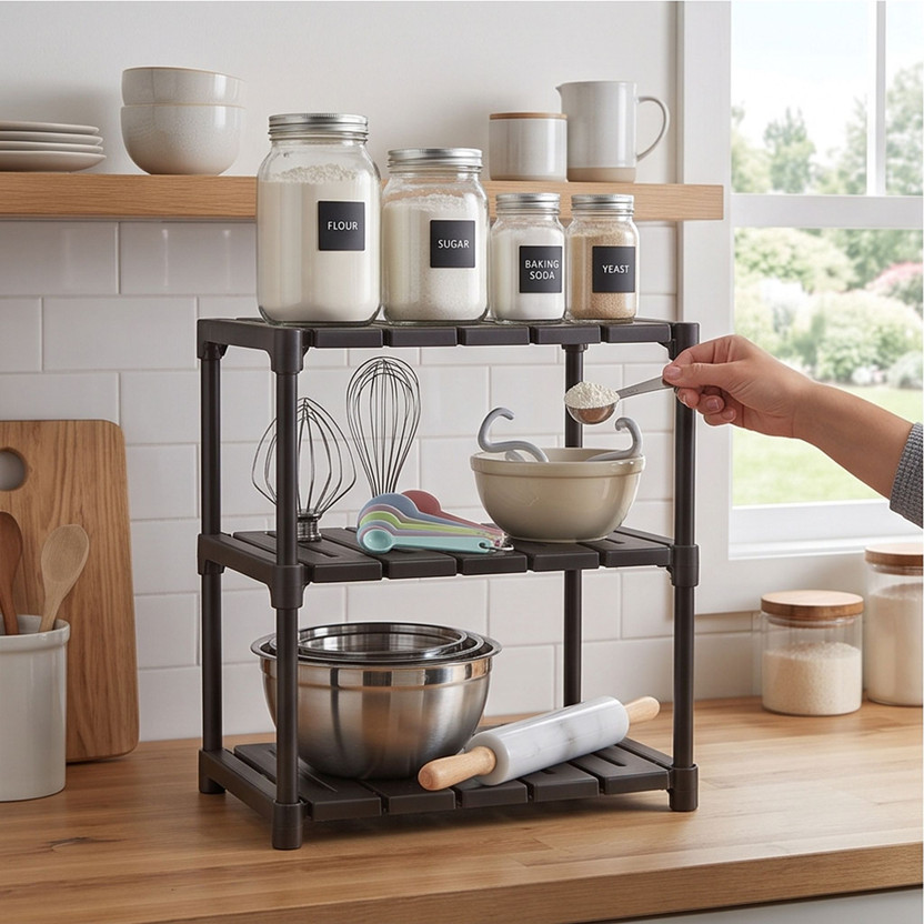 PRISHU Utensil Kitchen Rack Plastic Premium 3Tier Black Plastic Storage Shelving Unit, Waterproof ToolFree Assembly