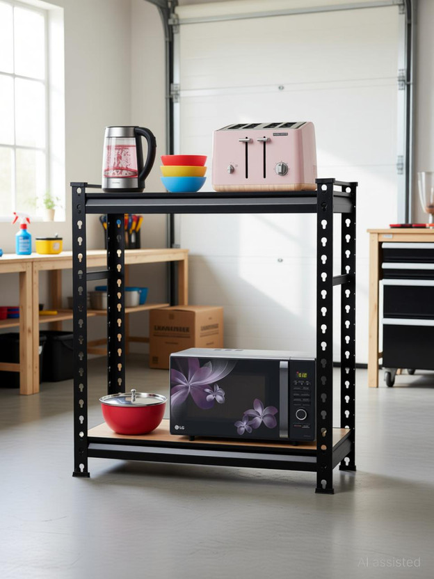 Smartslide Utensil Kitchen Rack Carbon Steel Boltless Heavy Duty Steel Kitchen Rack / Microwave Oven Stand / Storage Rack with 2 Shelves / Adjustable Height Shelving Unit / Multi Use Durable Storage Organizer for Home Workshop Garage & Warehouse