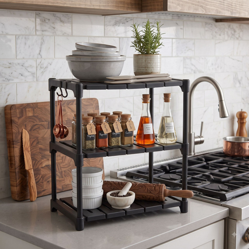 PRISHU Utensil Kitchen Rack Plastic Premium 3Tier Black Plastic Storage Shelving Unit, Waterproof ToolFree Assembly