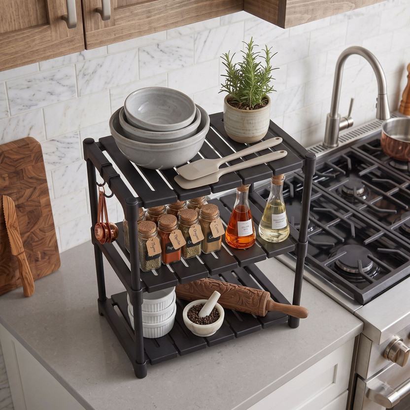 PRISHU PRISHU Utensil Kitchen Rack Plastic Premium 3Tier Black Plastic Storage Shelving Unit, Waterproof ToolFree Assembly - Flipkart Deal