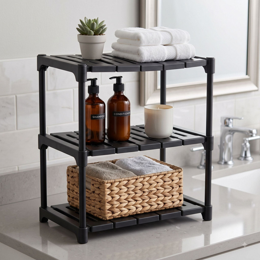 PRISHU PRISHU Utensil Kitchen Rack Plastic Premium 3Tier Black Plastic Storage Shelving Unit, Waterproof ToolFree Assembly - Flipkart Deal