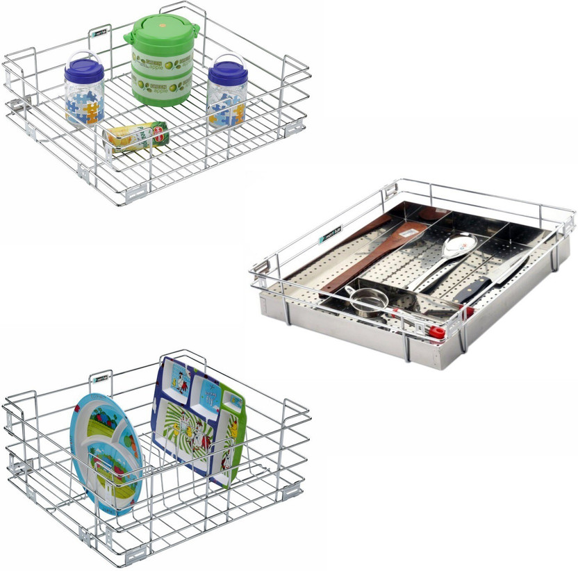 Smartslide Utensil Kitchen Rack Steel Modular Kitchen Basket (21X20 Inch - Set of 3) Kitchen Accessories