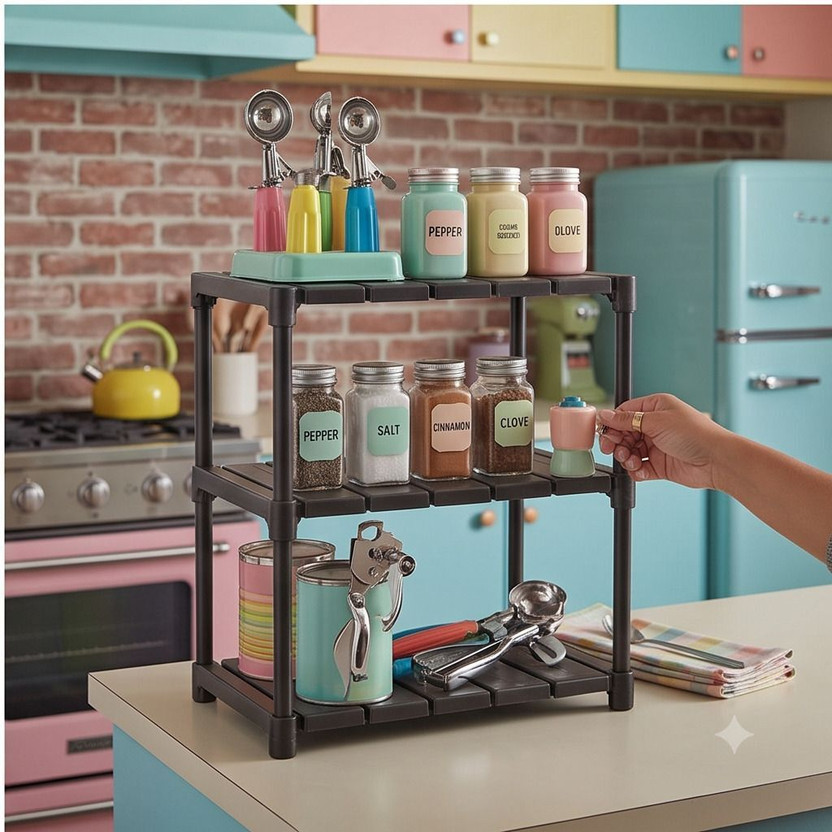 PRISHU Utensil Kitchen Rack Plastic Premium 3Tier Black Plastic Storage Shelving Unit, Waterproof ToolFree Assembly