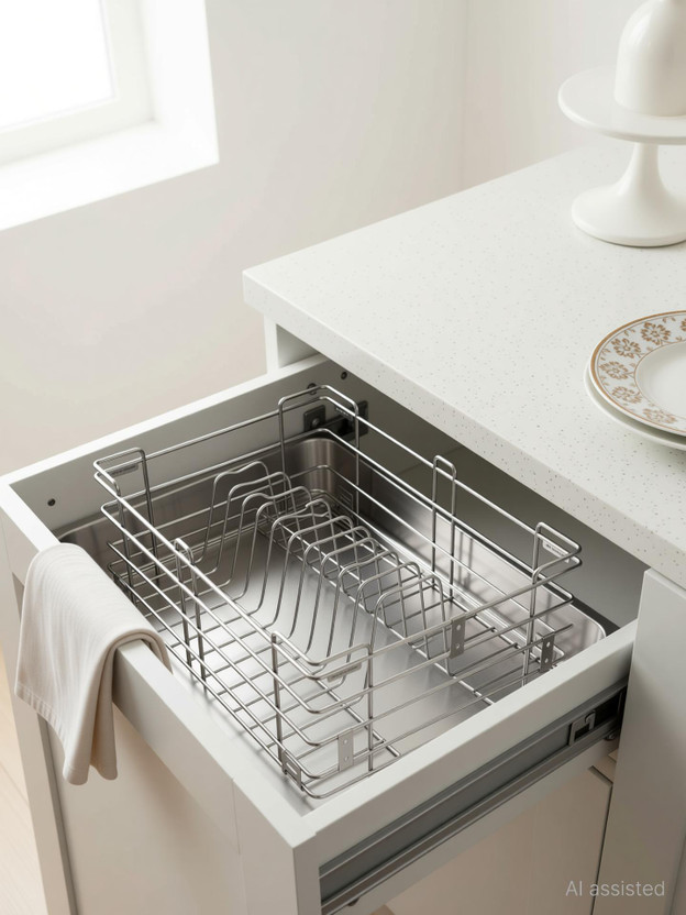 Bloo Basket Utensil Kitchen Rack Steel Stainless Steel Modular Kitchen Basket Accessories cabinets Multipurpose drawer wired 6"plain, 4"cutlery, 8"thali (17 Inch Width * 20 Inch Depth)set of 3