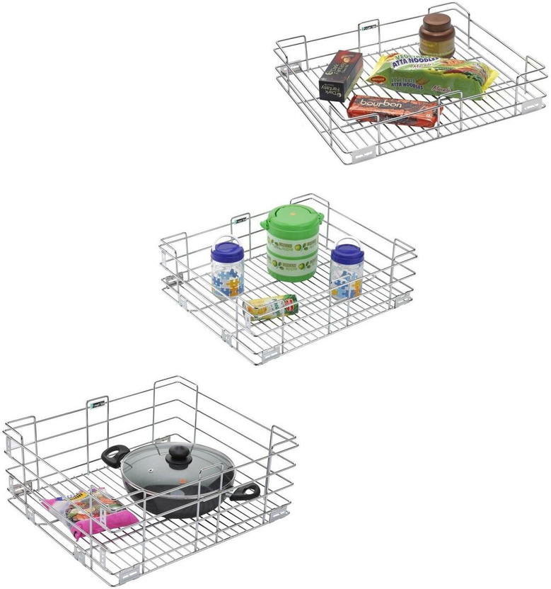 Smartslide Utensil Kitchen Rack Steel 19 x 18 Inch Pack of 3 Stainless Steel Modular Kitchen Basket / Kitchen Rack / Kitchen Drawer / Kitchen Cabinet / Utensil Rack…