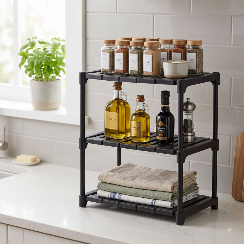 PRISHU Utensil Kitchen Rack Plastic Premium 3Tier Black Plastic Storage Shelving Unit, Waterproof ToolFree Assembly