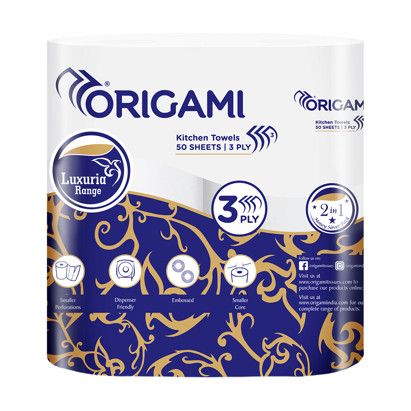 Origami Kitchen Tissue Paper Roll Pack of 2 - 50 Sheets Per Roll(3 Ply, 100 Sheets)