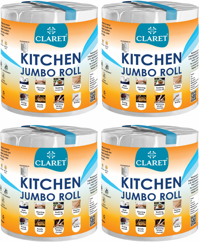 CLARET Jumbo Kitchen Tissue Roll 300 Pulls| 2-Ply Soft, Absorbent & Biodegradable(2 Ply, 300 Sheets)