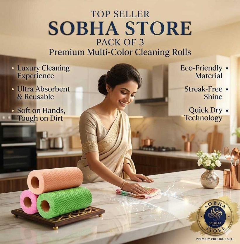 SOBHA STORE Set 3 Multipurpose Kitchen Tissue Paper Roll|Washable & Reusable Cleaning Roll(2 Ply, 210 Sheets)