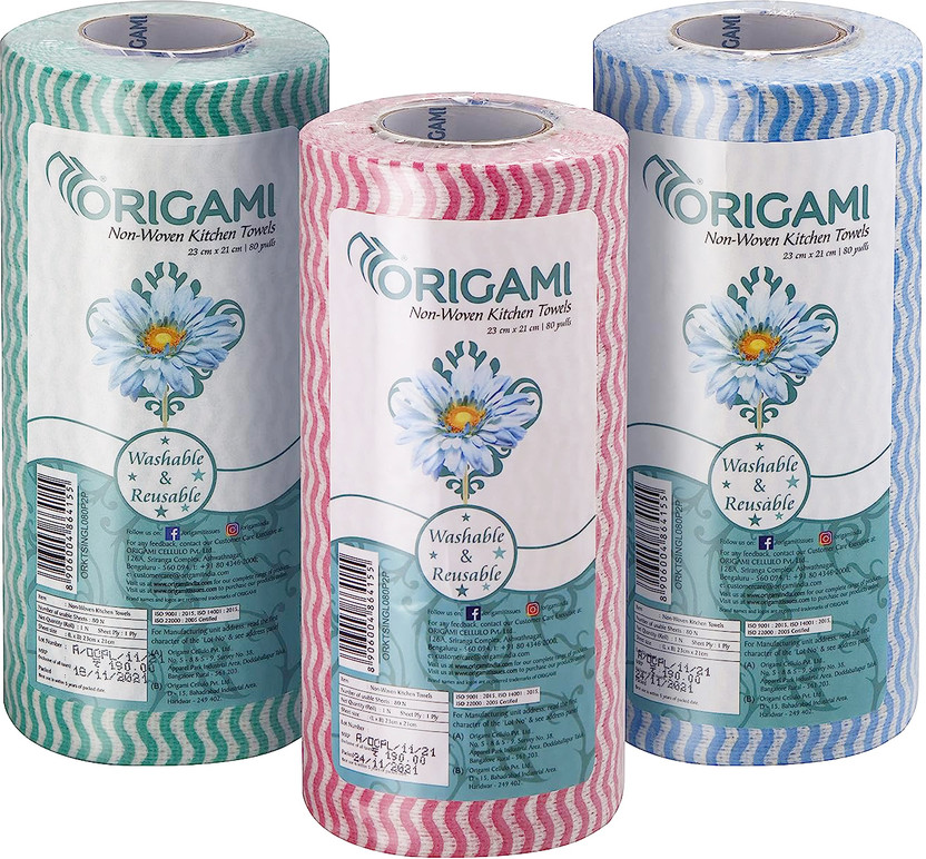 Origami Non Woven Reusable Kitchen Towel Roll Pack of 3 - 80 Sheets Per Roll(1 Ply, 240 Sheets)