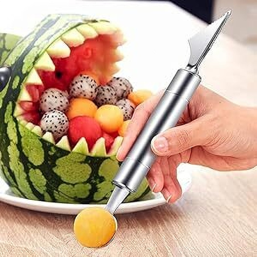 Dev creating beautiful DIY Plate. Slice, cut & scoop vegetables, watermelon & more. Kitchen Scoop