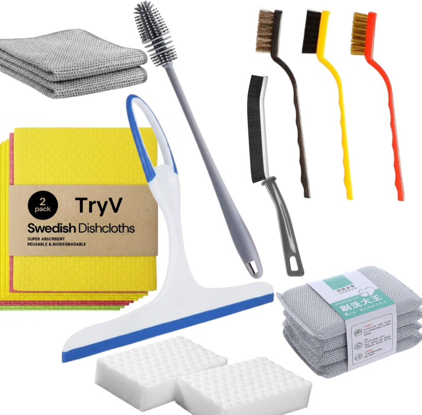 TRYV 14 Pcs Kitchen & Home Cleaning Combo Kit set-Wiper, brush, sponge, scrubber Cleaning Brush, Cleaning Cloth, Cleaning Wipe, Kitchen Wiper, Scrub Pad