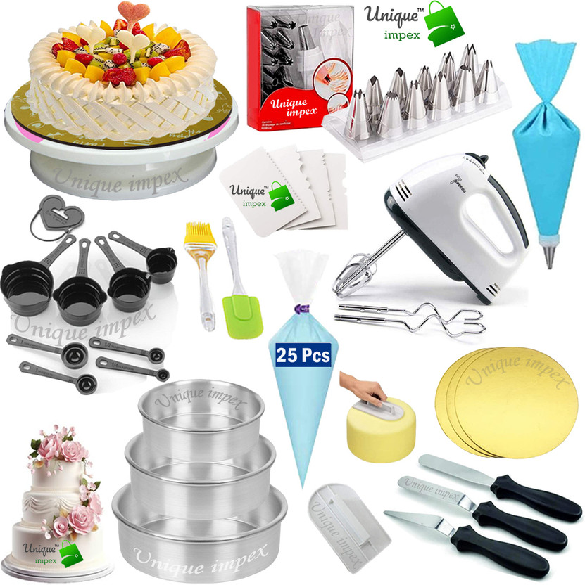 Unique Impex - 3 Pcs Aluminium Round Shape Cake Moulds + cake baking set combo Kitchen Tool Set(Multicolor, Knife, Spatula, Whisk, Baking Tools, Brush)