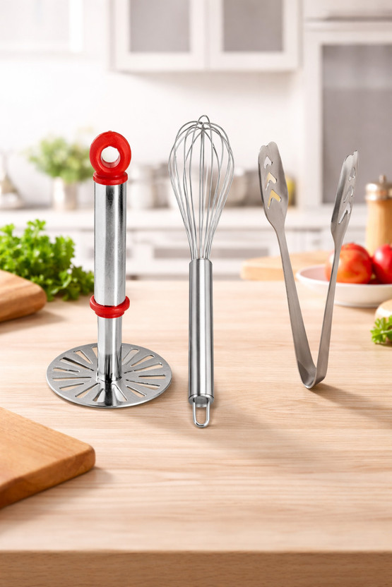 VIVAAN Premium Stainless Steel Kitchen Tools Combo – Potato Masher, Whisk & Tongs Kitchen Tool Set(Silver, Whisk, Tong, Masher)