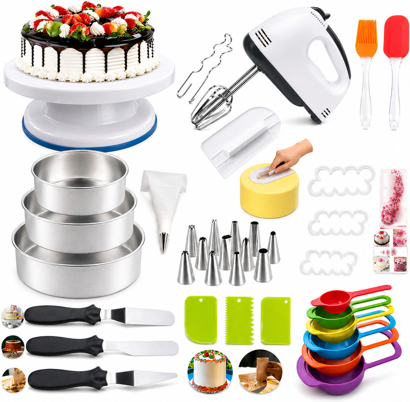 NIJAMRUT NIJAMRUT cake making materials Kit & Rotating Turntable,HandMixer, Aluminium Cake Moulds Kitchen Tool Set(Multicolor, Baking Tools, Blender, Brush, Cooking Spoon, Knife, Measuring Jug, Spatula) - Flipkart Deal