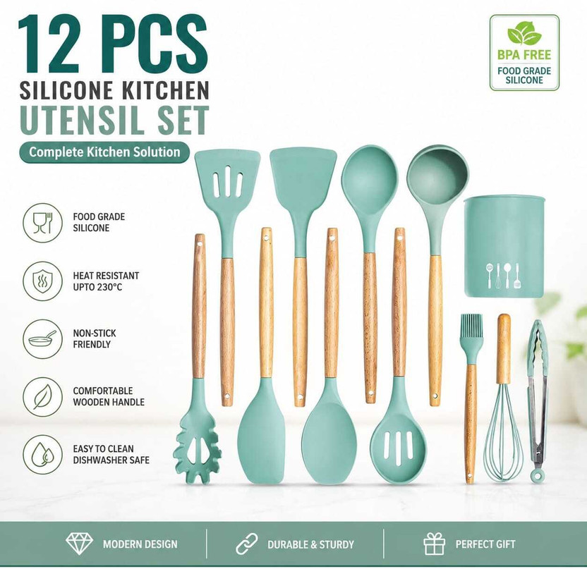 HITHIKA IMPEX 12 Pieces Silicone Kitchen Utensil Spatula Set with Wooden Handles Kitchen Tool Set(Green, Spatula, Baking Tools, Whisk, Brush)