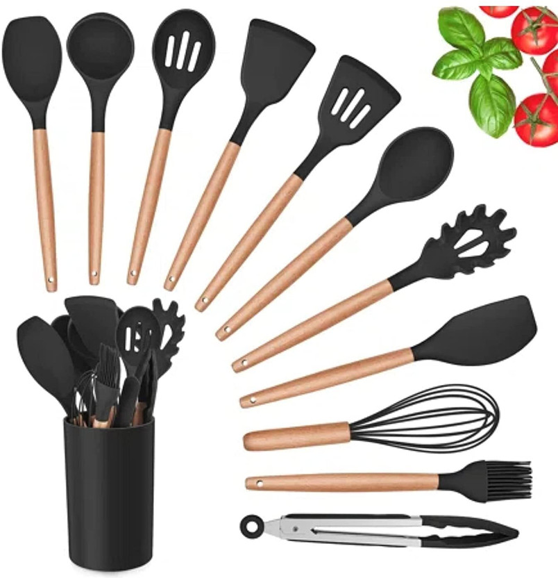 MJN Kitchen Spoon Set-12 Pcs Non-Stick+ Wooden Handle, Heat Resistant Item (Black) Kitchen Tool Set(Black, Spatula, Spatula, Baking Tools, Whisk, Brush)