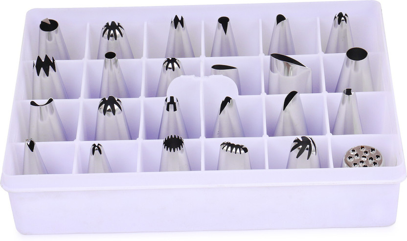 OBIFEMA ENTERPRISES Stainless Steel Frosting Nozzle Piping Set with Storage Box for Cake Decoration and Icing (24 Pcs) Kitchen Tool Set(Silver, Baking Tools)