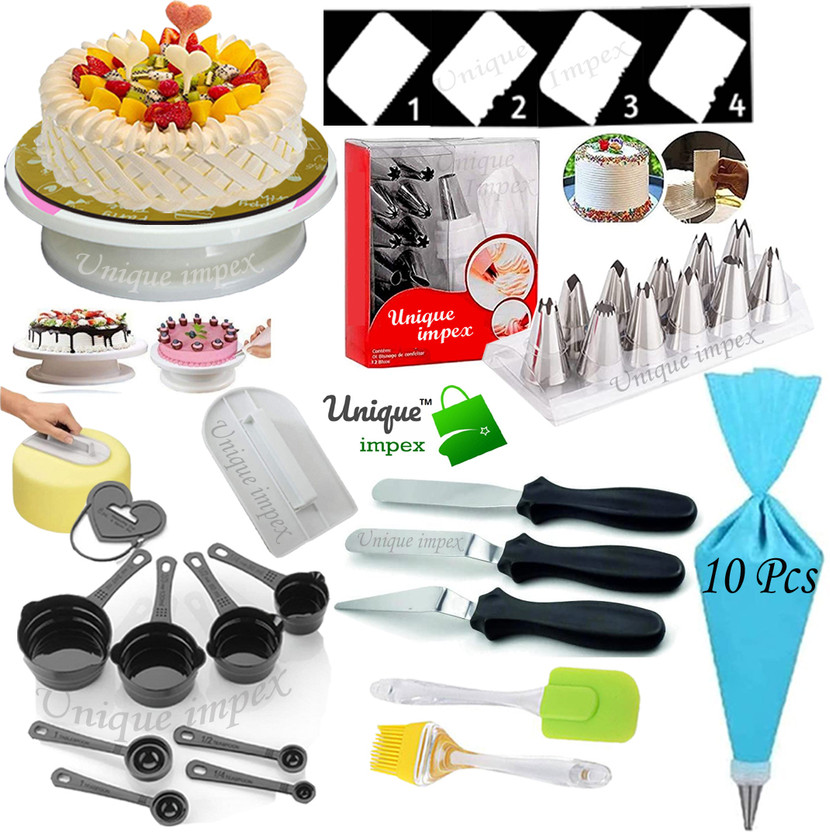 Unique Impex Free 10 Pcs Disposable Piping Bag With cake baking set Kitchen Tool Set(Multicolor, Slicer, Spatula, Brush, Baking Tools)