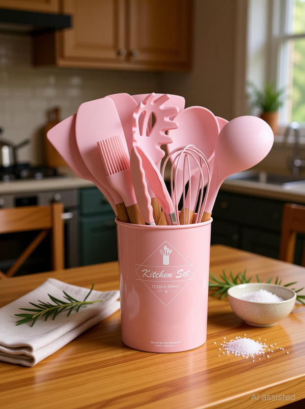 MJN Silicone Kitchen Spatula cooking Set- 12 Pcs Non-Stick with Wooden Handle (Pink) Kitchen Tool Set(Pink, Spatula, Spatula, Baking Tools, Whisk, Brush)