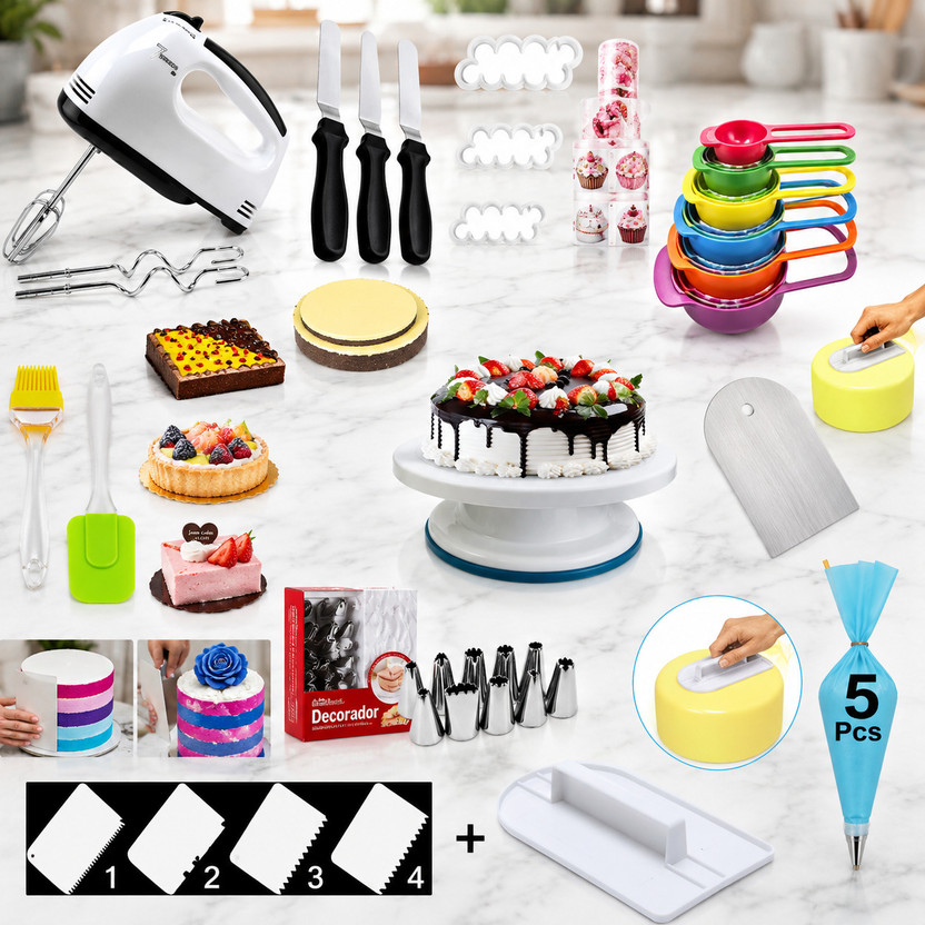 NIJAMRUT Premium Cake Baking & Decorating Kit Combo Set for Home & Beginners Kitchen Tool Set(Multicolor, Baking Tools, Brush, Cooking Spoon, Cutter, Knife, Spatula, Whisk)